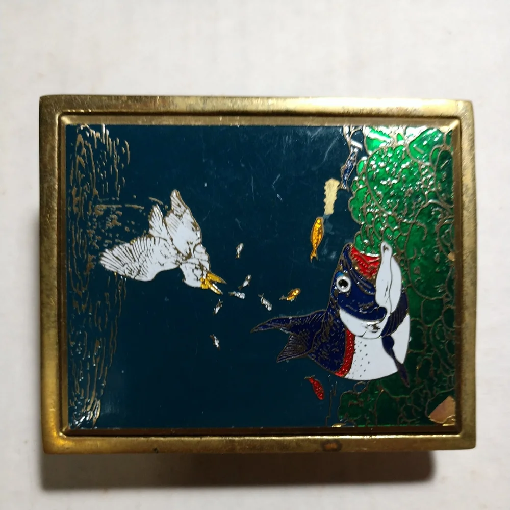 Art Nouveau Style Blue Cloisonne Enamel Bass Fish & Heron Bird Brass Belt Buckle